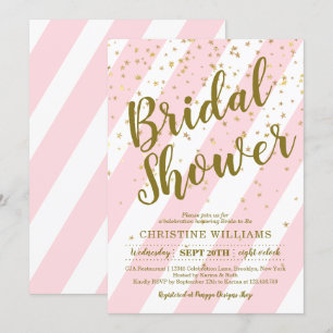 Cute Pink White Stripe Gold Confetti Bridal Shower Invitation