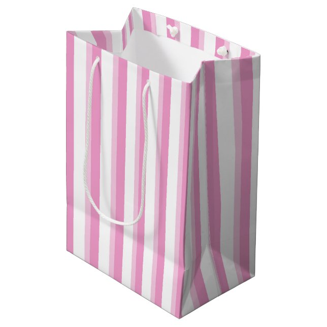 Cute pink white stripe pattern party medium gift bag (Front Angled)