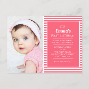 Cute Pink White Striped Girl's Birthday Photo Postcard