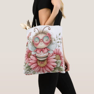 CUTE PINK & WHITE SUMMER BUMBLE BEE AND FLOWERS TOTE BAG