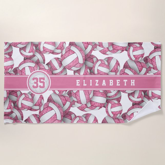 Cute pink white volleyballs pattern personalised  beach towel (Front)