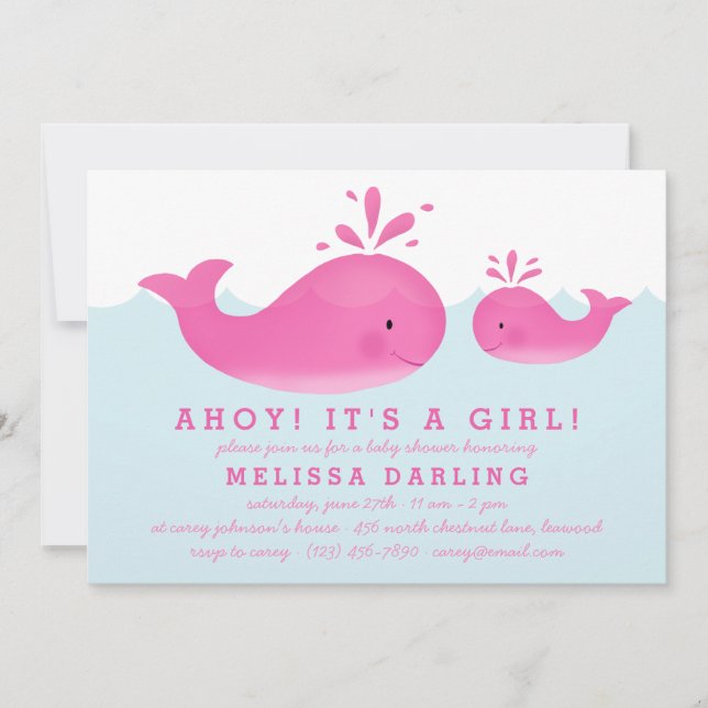 Cute Pink & White Whale Nautical Baby Girl Shower Invitation (Front)