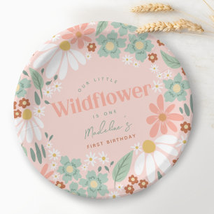 Cute Pink Wildflower Daisy Kids First Birthday Paper Plate