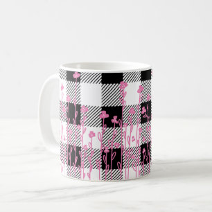 Cute pink wildflowers doodle black white plaid coffee mug