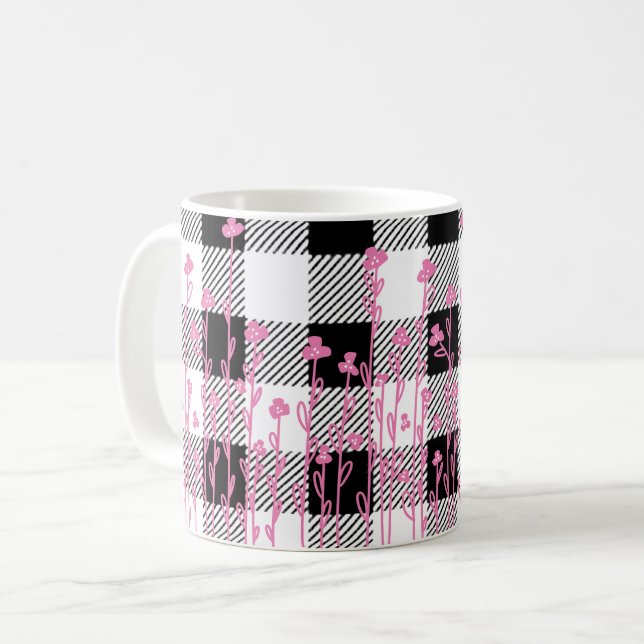 Cute pink wildflowers doodle black white plaid coffee mug (Front Left)
