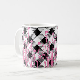 Cute pink wildflowers doodle black white plaid coffee mug