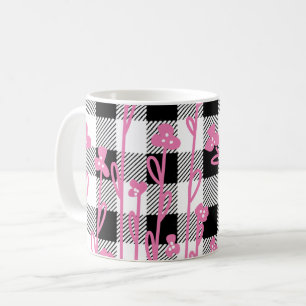 Cute pink wildflowers doodle black white plaid coffee mug