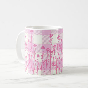 Cute pink wildflowers doodle pink plaid gingham coffee mug