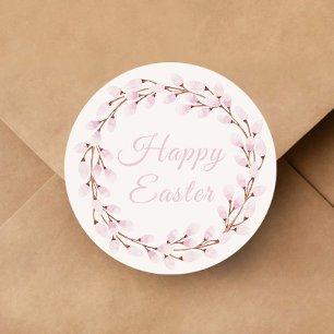 Cute Pink Willow Happy Easter Classic Round Sticker