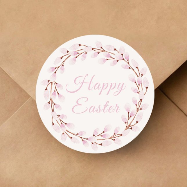 Cute Pink Willow Happy Easter Classic Round Sticker (Cute Pink Willow Happy Easter Classic Round Sticker)