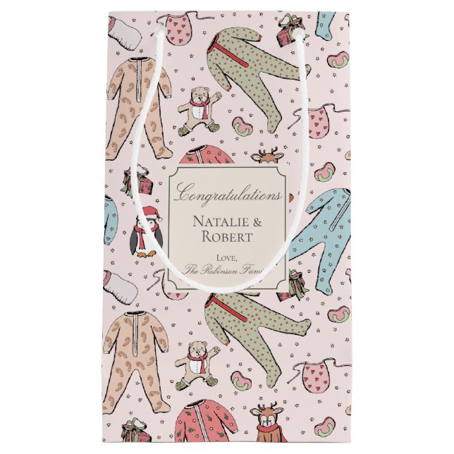 Cute Pink Winter Baby Shower Custom Small Gift Bag (Front)