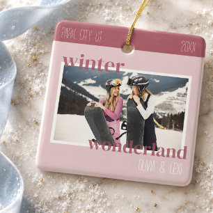 Cute Pink Winter Ski Trip Photo Ceramic Ornament