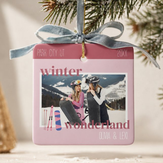 Cute Pink Winter Ski Trip Photo Ceramic Ornament (Cute Pink Winter Ski Theme Keepsake Photo Ceramic Ornament)