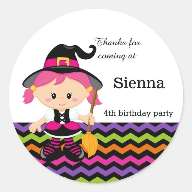 Cute pink witch classic round sticker (Front)