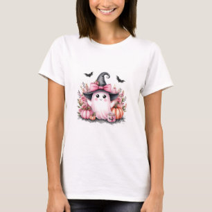 Cute Pink Witch Ghost Floral Halloween Watercolor T-Shirt