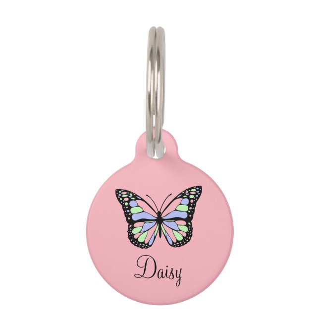 Cute Pink with Butterfly, Phone & Name Pet Tag (Front)