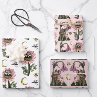 Cute Pink Woodland Bear Fairies Mushroom Forest  Wrapping Paper Sheet