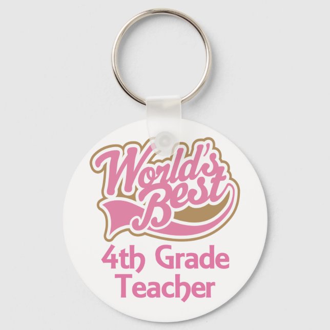 Cute Pink Worlds Best 4th Grade Teacher Key Ring (Front)