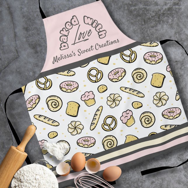 Cute Pink Yellow Baked With Love  Apron (Creator Uploaded)