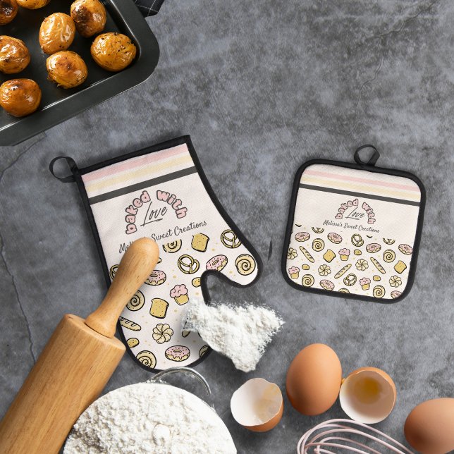Cute Pink Yellow Baked With Love  Oven Mitt & Pot Holder Set (Creator Uploaded)