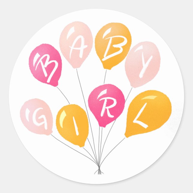 Cute Pink Yellow Balloons Baby Girl Baby Shower Classic Round Sticker (Front)