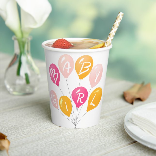 Cute Pink Yellow Balloons Baby Girl Baby Shower Paper Cups (Insitu)