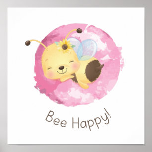 Cute Pink/Yellow Bee Happy Girls Nursery Wall Art
