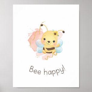 Cute Pink/Yellow Bee Happy! Nursery Girls Wall Art