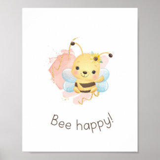 Cute Pink/Yellow Bee Happy! Nursery Girls Wall Art