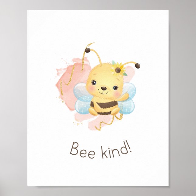Cute Pink/Yellow Bee Kind! Nursery Poster for Girl (Front)