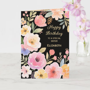 Cute Pink Yellow Blue Flowers Sister's Birthday Card