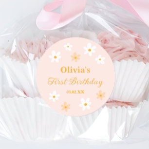 Cute Pink Yellow Daisy Birthday Favour Classic Round Sticker
