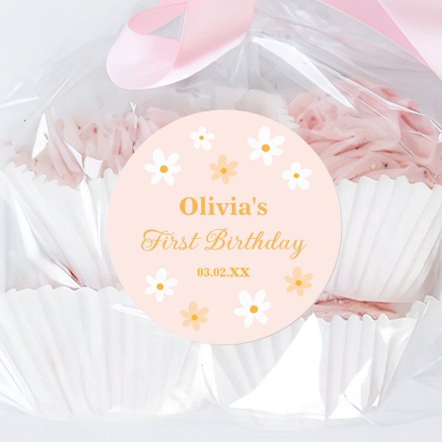 Cute Pink Yellow Daisy Birthday Favour Classic Round Sticker (Creator Uploaded)