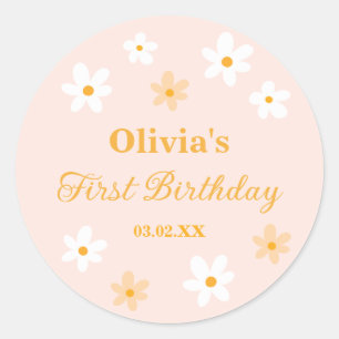 Cute Pink Yellow Daisy Birthday Favour Classic Round Sticker