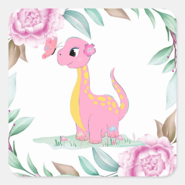 Cute Pink Yellow Dinosaur Butterfly Baby Shower Cl Square Sticker (Front)