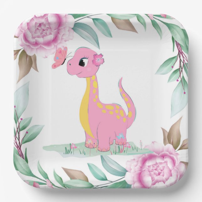 Cute Pink Yellow Dinosaur Butterfly Baby Shower Paper Plate (Front)