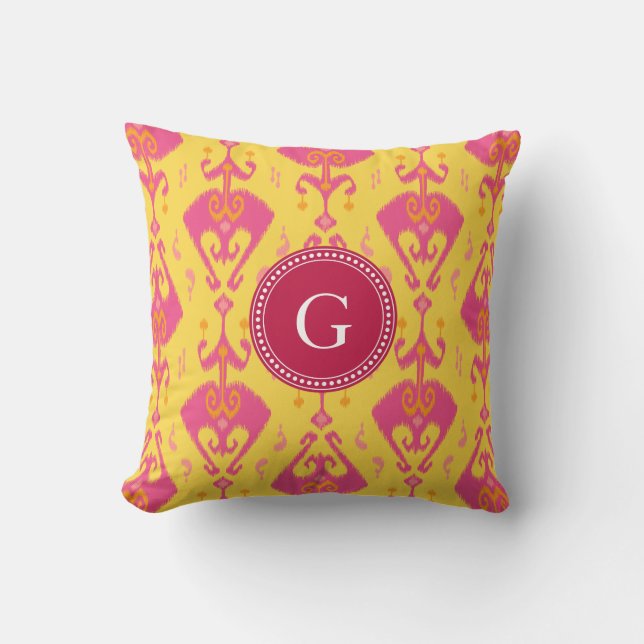 Cute pink yellow ikat tribal pattern monogram cushion (Front)