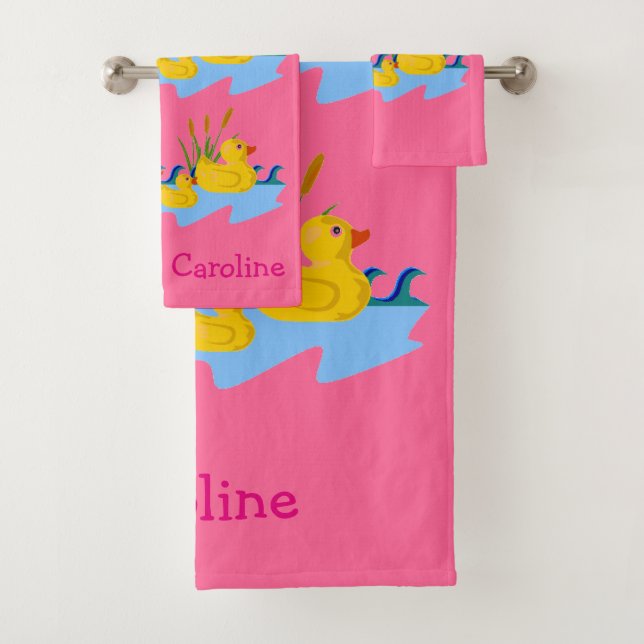 Cute Pink Yellow Mama Duck Animals Baby Girl Kids Bath Towel Set (Insitu)