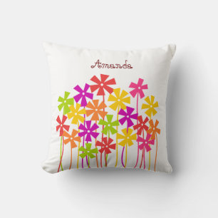Cute pink yellow orange simple flower drawing name cushion