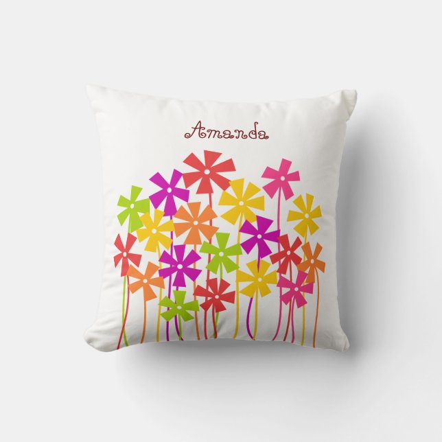 Cute pink yellow orange simple flower drawing name cushion (Front)