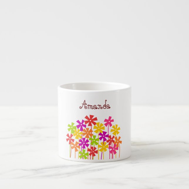 Cute pink yellow orange simple flower drawing name espresso cup (Front)