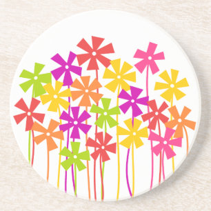 Cute pink yellow orange simple flowers drawing  coaster