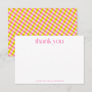 Cute Pink Yellow Plaid Custom Bridal Shower Thank You Card