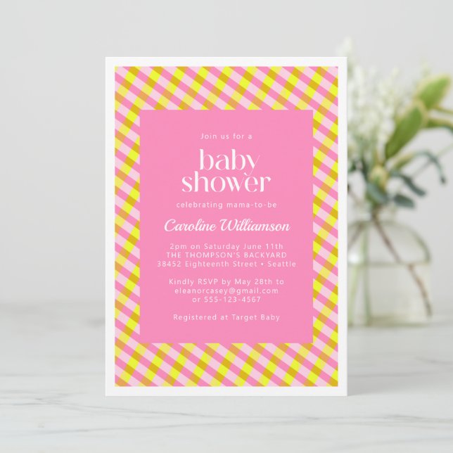Cute Pink Yellow Plaid Pattern Baby Shower Invitation (Standing Front)