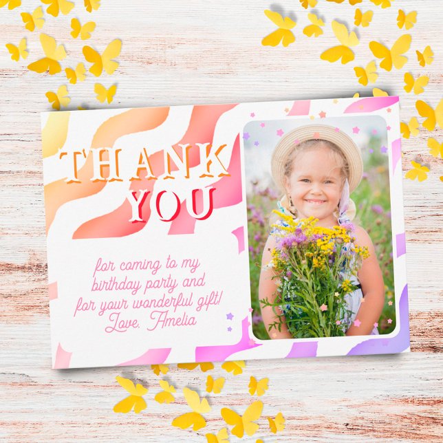 Cute Pink Yellow Waves Girl Photo Birthday  Thank You Card (Creator Uploaded)