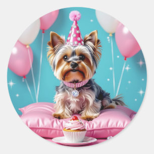 Cute Pink Yorkie Birthday Classic Round Sticker