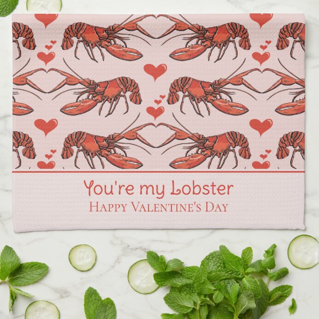 Cute Pink You're My Lobster Valentine's Day Tea Towel (Folded)