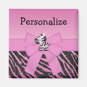 Cute Pink Zebra, Bow & Glitter Animal Print Magnet