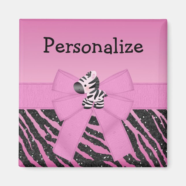Cute Pink Zebra, Bow & Glitter Animal Print Magnet (Front)