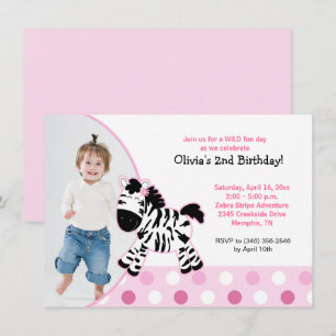 Cute Pink Zebra Girl Photo Birthday Invitation